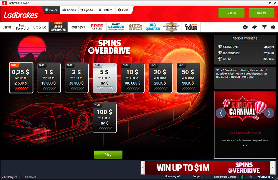 Ladbrokes Poker Spins Overdrive Lobby