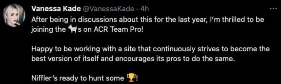 Vanessa Kade's message on joining ACR Team Pro