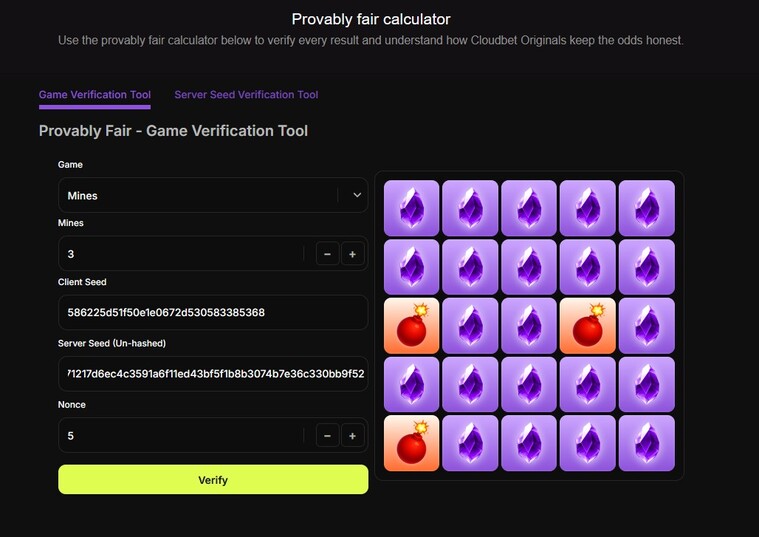 Cloudbet provably fair calculator verifying a Mines game result