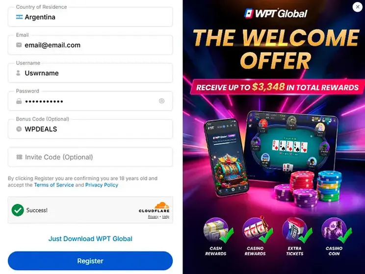 WPT Global signup form with bonus code WPDEALS in the Bonus Code field