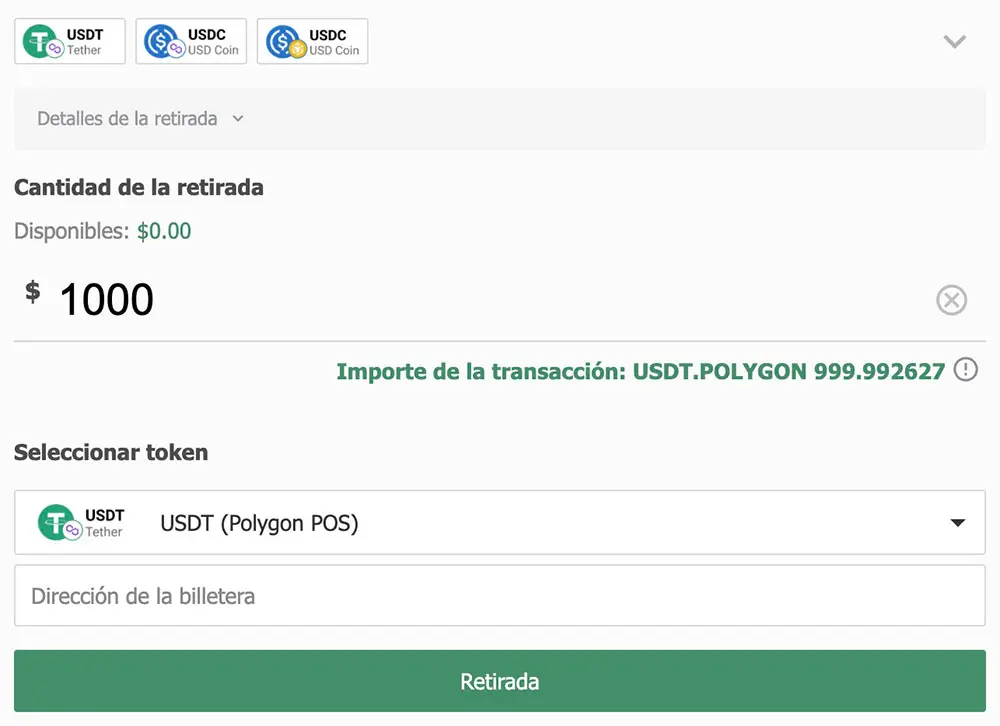 Elección de criptomoneda como método de retirada