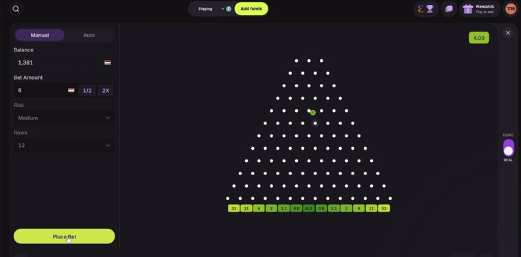 Cloudbet Originals Plinko game interface