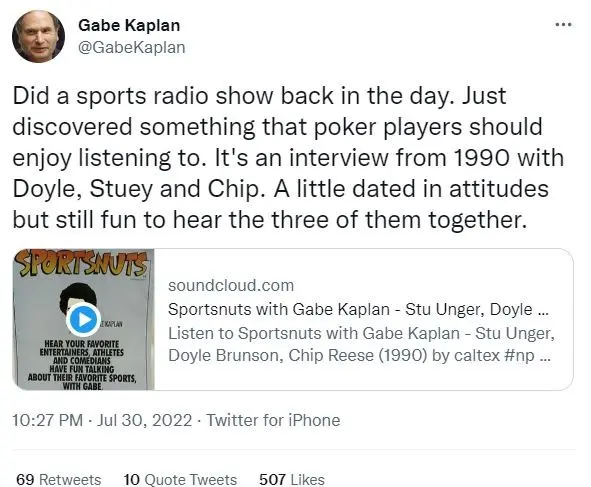 Gabe Kaplan tweeting out his fascinating interview from over 30 years ago.