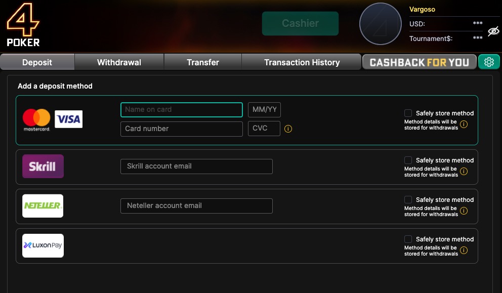 4Poker deposit methods