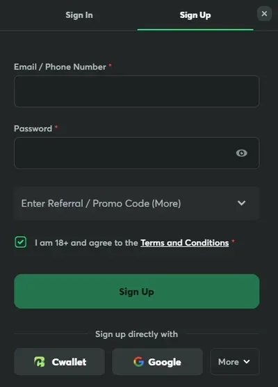 Bcgame Sign Up form