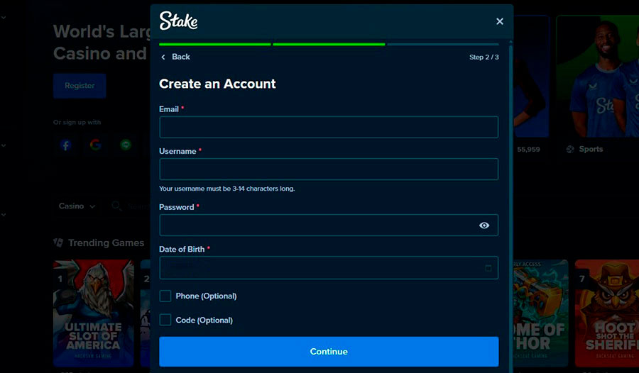 Stake Com Form Registration