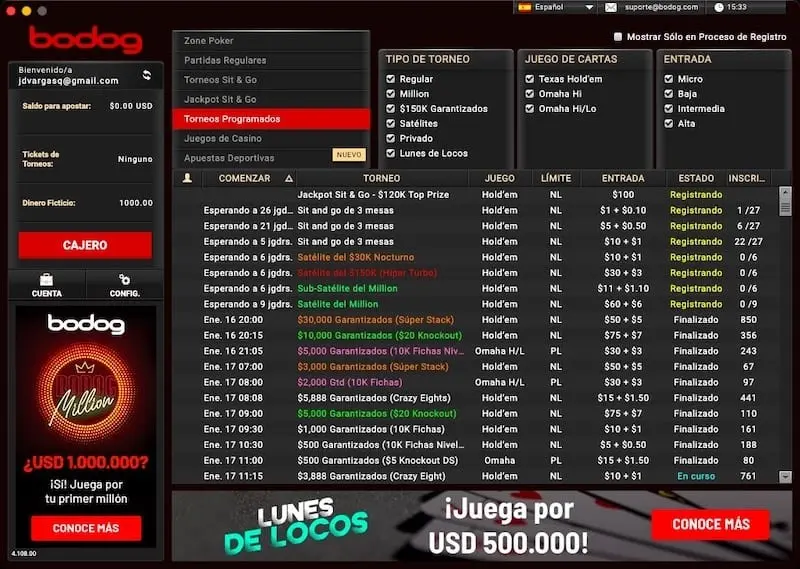 Lobby Torneos Bodog Poker Latam