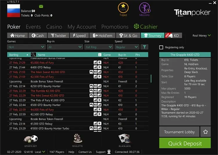 Titan Poker MTT Lobby