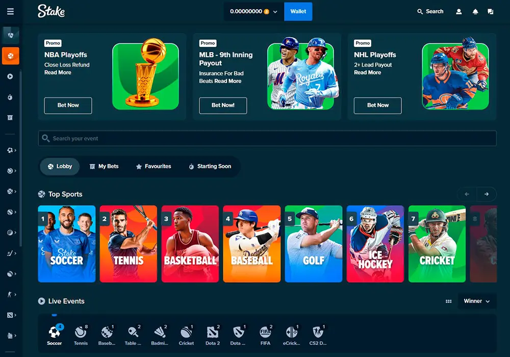 Stake Sportsbook: Página web e interfaz
