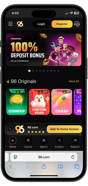 96.com mobile casino home screen with 100% deposit bonus and game icons.