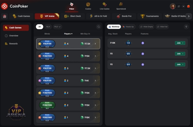 Лобби VIP Arena в Coinpoker