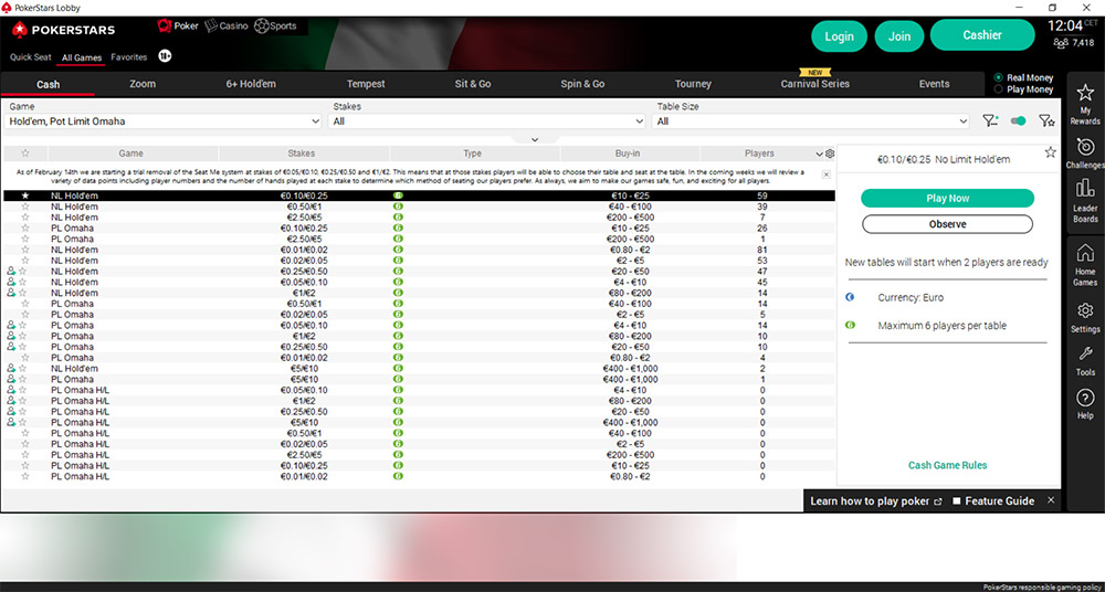 Pokerstars Italy Cash Lobby En