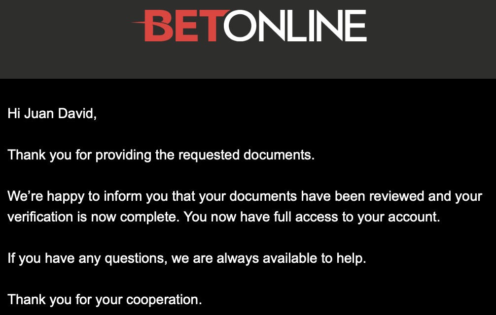 Подтверждение KYC в BetOnline