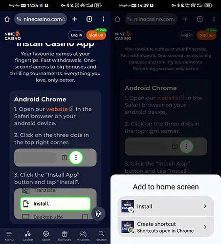 Instalación de NineCasino app
