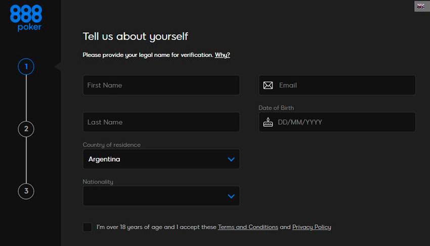 888 Poker Registration Form