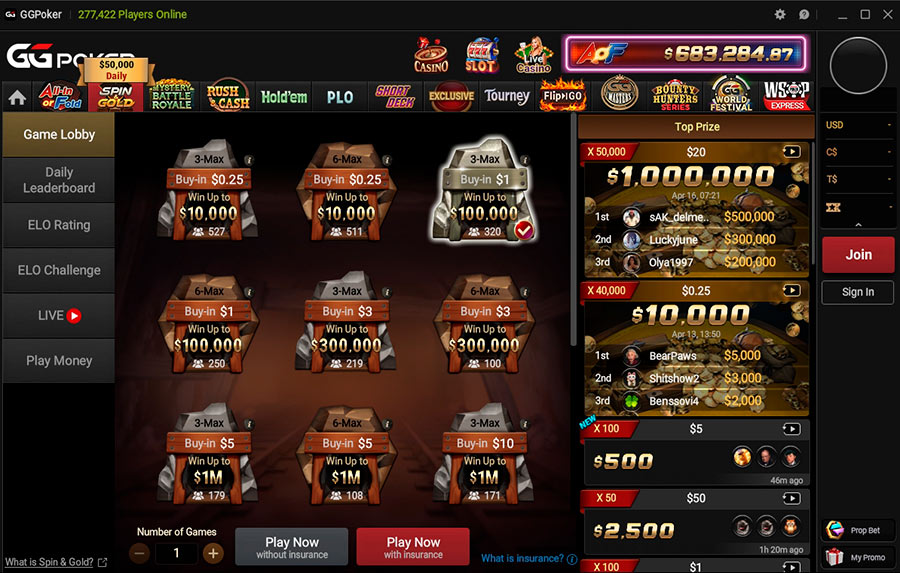 Ggpoker Spin and Gold Lobby