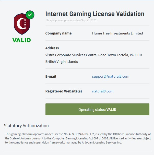 Anjouan licence validator for natural8.com, 21 September 2026.