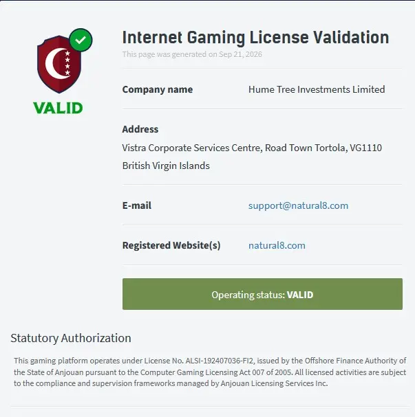 Anjouan licence validator for natural8.com, 21 September 2026.