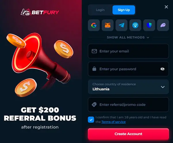 Blockchain Casino Betfury tegistration form