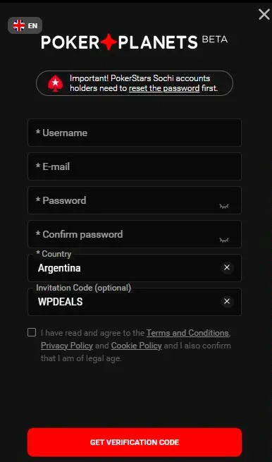 PokerPlanets Registration Form