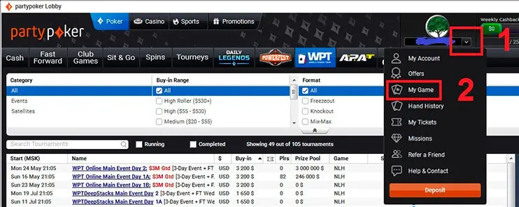 my game в клиенте partypoker