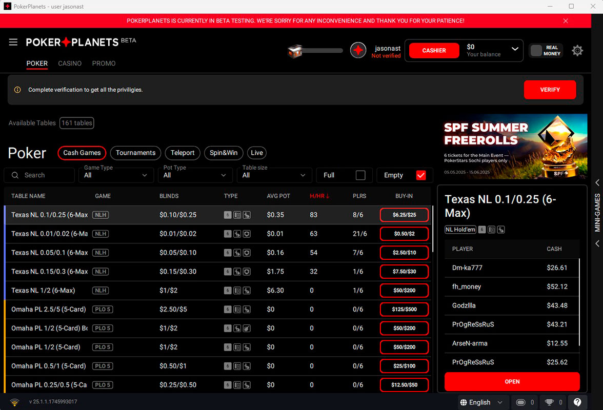 Poker Planets Cash Table Lobby