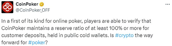 Сообщение от Coin Poker в Х о запуске Proof of Reserves 