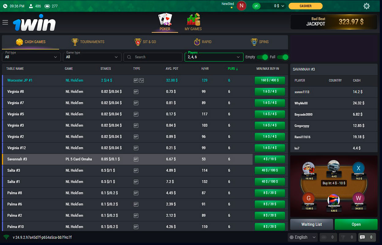 1 Win Poker Cash Table Lobby