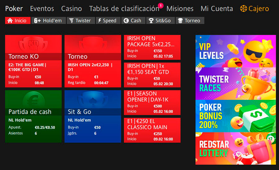 Redstar Poker vestíbulo principal de la aplicación