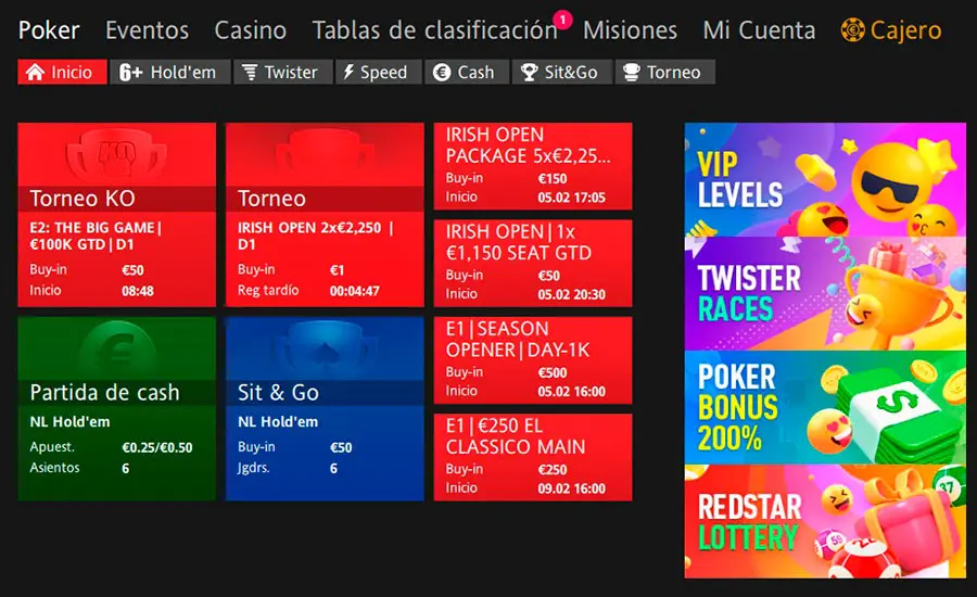Redstar Poker vestíbulo principal de la aplicación