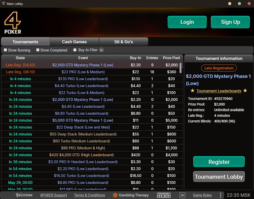 4 Poker Tournaments Lobby