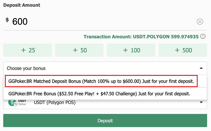 Choosing Match Bonus at GGpoker