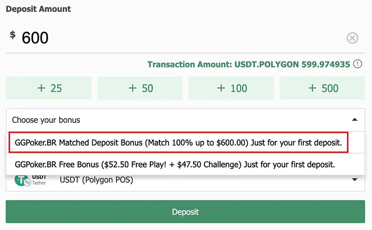 Choosing Match Bonus at GGpoker