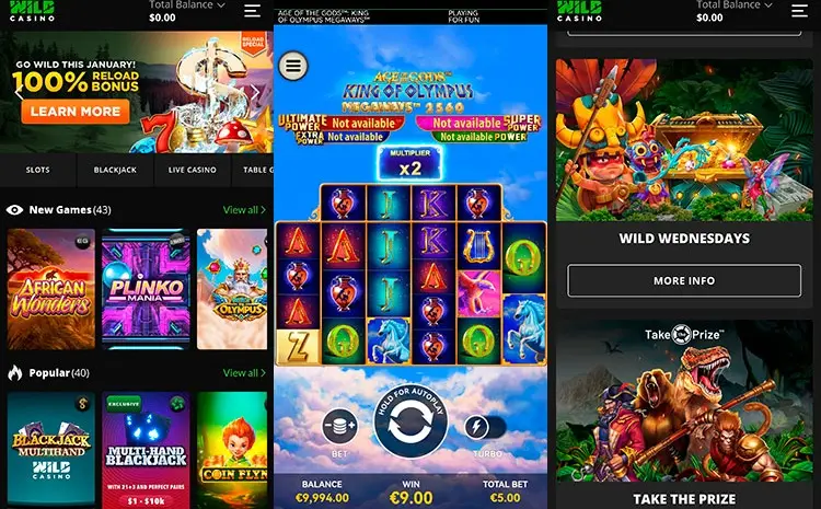 aplicación web móvil de Wild Casino