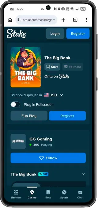 Stake.com mobile casino interface showing The Big Bank game page with Fun Play and Register options on iPhone