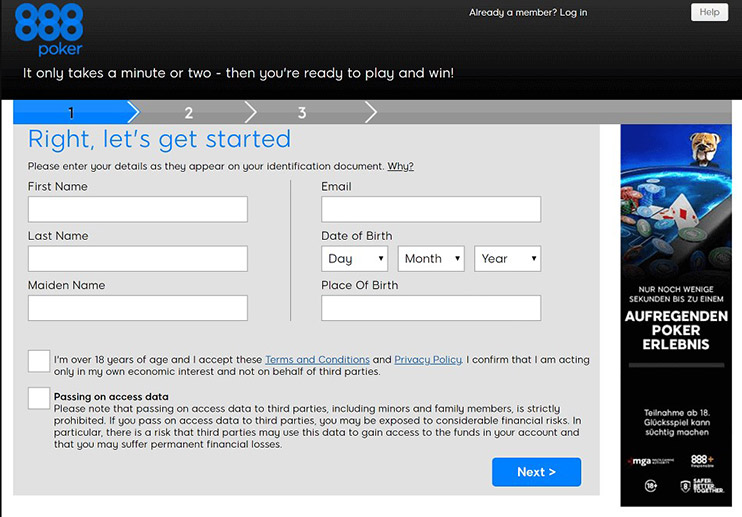 888Poker registration form