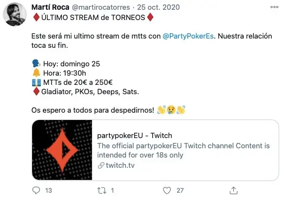 Con un trino en Twitter Martí Roca confirmó que ya no trabajaría con partypoker