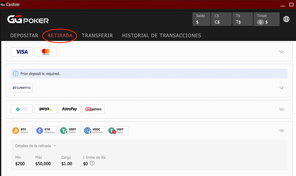 Métodos de retirada de GGPoker