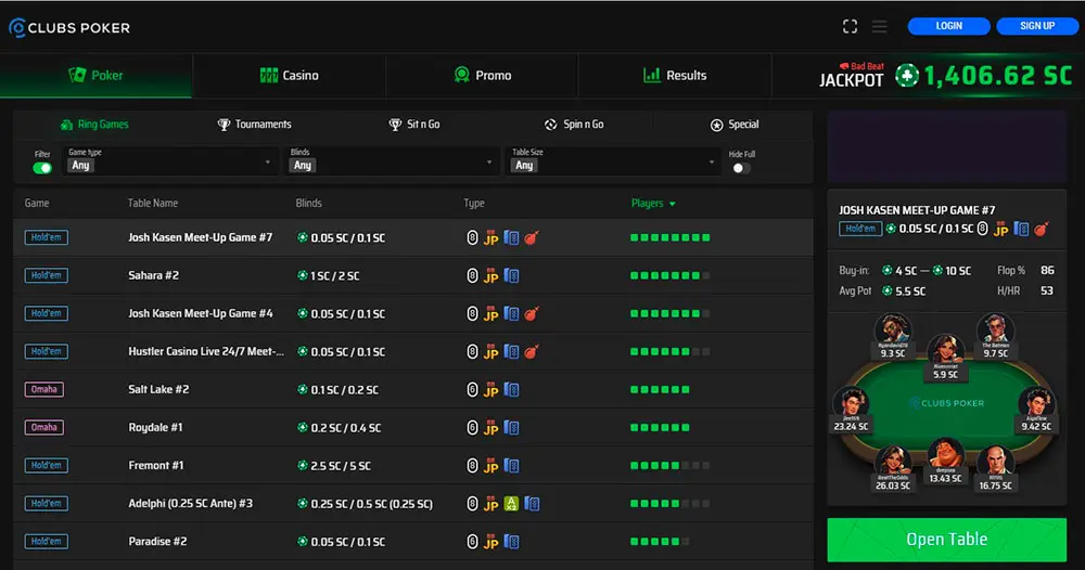Clubs Poker Cash Tables Lobby