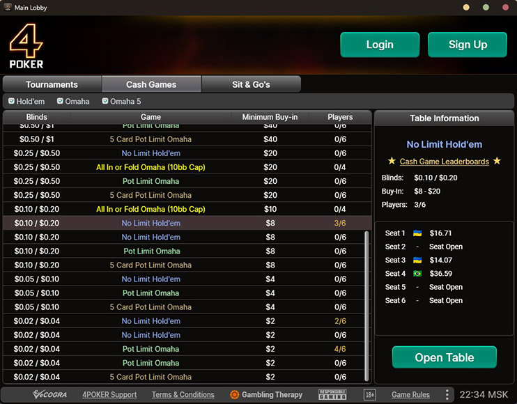 4 Poker Cash Tables Lobby