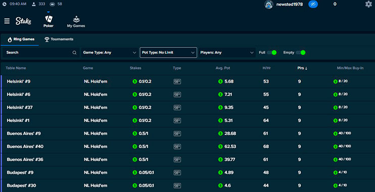 Stake Poker Cash Tables Lobby