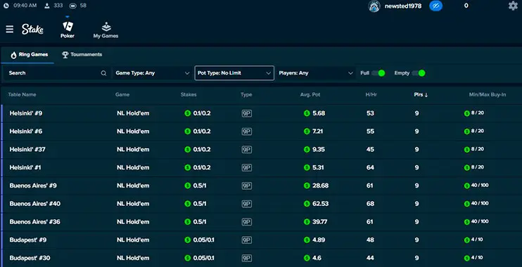 Stake Poker лобби кеш-столов