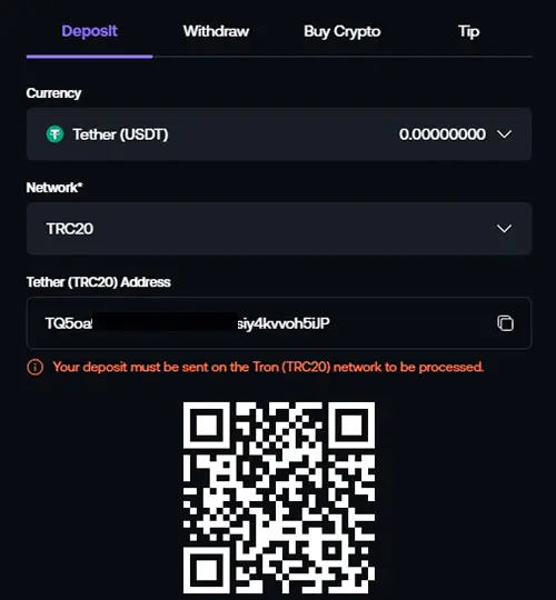 Shuffle Casino Deposit menu