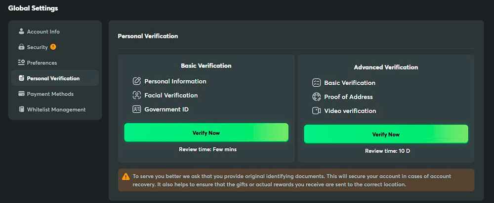 BC Game Personal Verification