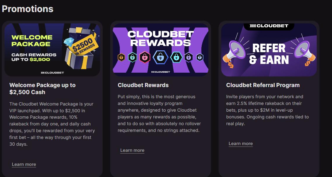 Cloudbet promotions board July 2026 showing the Welcome Package and no deposit bonus