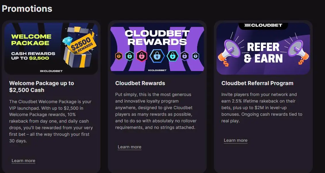 Cloudbet promotions board July 2026 showing the Welcome Package and no deposit bonus