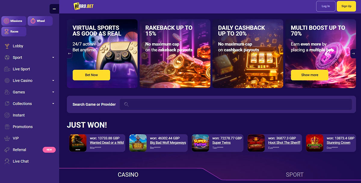 Vibrobet Casino Interface