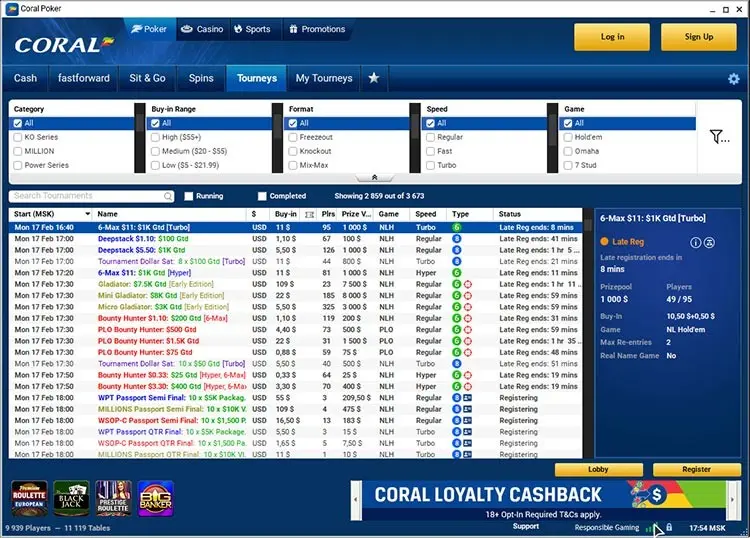 Coral Poker MTT Lobby