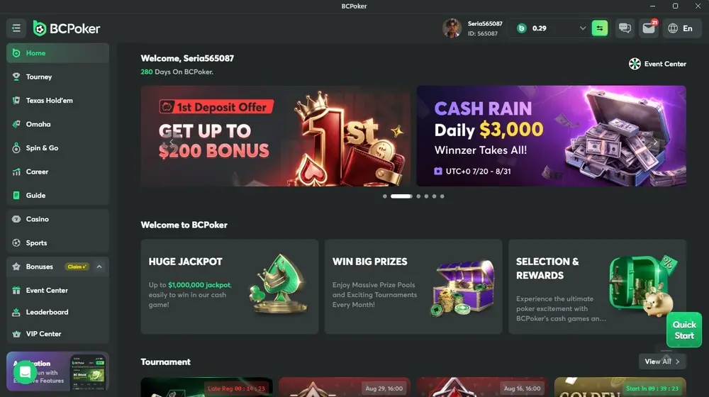 Página principal de la aplicación de BCPoker