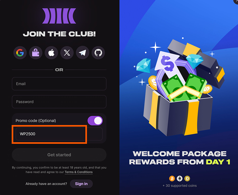 Cloudbet signup form with the promo code field pre-filled with WP2500